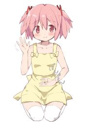 Rule 34 | 1girl, artist request, blush, dress, highres, jewelry, kaname madoka, lap pillow invitation, mahou shoujo madoka magica, pink eyes, pink hair, ribbon, ring, smile, sundress, tagme, thighhighs, twintails, waving, white background