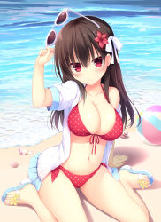 Rule 34 | 1girl, absurdres, arm support, arm up, ball, bare legs, bare shoulders, beach, beachball, bikini, blush, bow, breasts, brown hair, character request, cleavage, collarbone, dare ga yonda no!?, day, unworn eyewear, flip-flops, flower, frilled jacket, frills, front-tie bikini top, front-tie top, hair between eyes, hair flower, hair ornament, halterneck, highres, holding, holding removed eyewear, huge filesize, incredibly absurdres, jacket, large breasts, long hair, looking at viewer, navel, novel illustration, ocean, off-shoulder jacket, off shoulder, official art, open clothes, open jacket, outdoors, polka dot, polka dot bikini, red bikini, red eyes, sandals, seashell, shadow, shell, short sleeves, side-tie bikini bottom, sitting, solo, stomach, sunglasses, sunglasses removed, swimsuit, toes, utsunomiya tsumire, wariza, white jacket