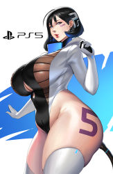 Rule 34 | 1girl, ahoge, belly, black hair, blue background, blue eyes, breasts, butt plug, collar, commentary, company name, cowboy shot, game console, highleg, highleg leotard, huge breasts, leotard, lipstick, looking at viewer, makeup, no bra, parted lips, personification, playstation 5, plump, product girl, ps5 chan, revealing clothes, see-through, sex toy, short hair, simple background, skin tight, skindentation, solo, sony, standing, thick thighs, thighhighs, thighs, two-tone background, underboob, white background, white thighhighs, yuzhou