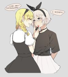 Rule 34 | 2girls, applying makeup, arms behind back, black choker, blonde hair, blue eyes, blush, bow, braid, choker, cosmetics, drag-on dragoon, earrings, closed eyes, facing another, grey background, hair bow, hairband, highres, jewelry, korean text, lipstick, lipstick tube, long hair, looking at another, makeup, mole, mole under mouth, multiple girls, nahonanaho, necklace, nier (series), nier:automata, open mouth, operator 6o, short hair, simple background, skirt, smile, speech bubble, text focus, thought bubble, translation request, white hair, 2b (nier:automata)