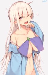 Rule 34 | + +, 10s, 1girl, ;o, arm up, artist name, bare shoulders, beret, blonde hair, blush, breasts, collarbone, covered erect nipples, elf, emilia (re:zero), eyebrows, female pubic hair, fingernails, gem, green gemstone, groin, hand on own face, hat, highres, large breasts, long sleeves, looking at viewer, mukka, navel, nightgown, nipple slip, nipples, off shoulder, one eye closed, open mouth, pink eyes, pointy ears, pubic hair, puffy nipples, re:zero kara hajimeru isekai seikatsu, saliva, saliva trail, simple background, solo, stomach, strap slip, upper body, waking up, white background