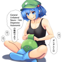 Rule 34 | 1girl, blue eyes, blue footwear, blue hair, blush, boots, breasts, cleavage, closed mouth, collarbone, crossed legs, green hat, gundam, hair bobbles, hair ornament, haro, hat, highres, kawashiro nitori, large breasts, lips, looking away, short hair, short twintails, shorts, smile, solo, speech bubble, tank top, tarmo, tongue, tongue out, touhou, translation request, twintails