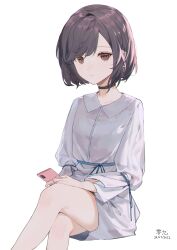 Rule 34 | 1girl, absurdres, artist name, black choker, blue ribbon, braid, brown eyes, brown hair, choker, closed mouth, collared shirt, commentary, dated, earclip, highres, holding, holding phone, invisible chair, jewelry, lingjiu yuki, long sleeves, phone, project sekai, ribbon, ring, shinonome ena, shirt, short hair, sitting, solo, white background