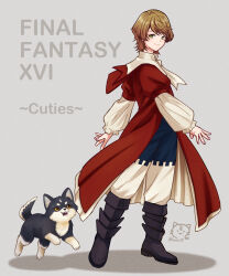 Rule 34 | 2boys, black footwear, blonde hair, boots, closed mouth, coat, dog, final fantasy, final fantasy xvi, full body, green eyes, grey background, highres, hssk39, joshua rosfield, juliet sleeves, long sleeves, male focus, multiple boys, open mouth, pants, puffy long sleeves, puffy sleeves, puppy, red coat, shirt, short hair, smile, swept bangs, torgal (ff16), twitter username, two-tone fur, white pants, white shirt, yellow eyes