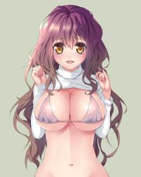 Rule 34 | 1girl, bad id, bad pixiv id, bikini, bikini top only, bottomless, breasts, brown hair, cleavage, clothes lift, female focus, gradient hair, hijiri byakuren, huge breasts, large breasts, long hair, looking at viewer, multicolored hair, myg, navel, open mouth, out-of-frame censoring, purple hair, shiny skin, shirt lift, simple background, skindentation, smile, solo, sweater, sweater lift, swimsuit, touhou, turtleneck, yellow eyes