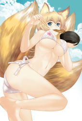 Rule 34 | 1girl, animal ears, ass, barefoot, bikini, blonde hair, blue eyes, blue sky, bowl, breasts, chopsticks, cloud, cloudy sky, commentary request, day, eating, food in mouth, fox ears, fox tail, hataraki kuma, highres, holding, holding bowl, holding chopsticks, large breasts, leg up, looking at viewer, mouth hold, multiple tails, navel, outdoors, partial commentary, short hair, side-tie bikini bottom, sky, smile, solo, standing, standing on one leg, swimsuit, tail, touhou, white bikini, yakumo ran