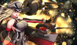 Rule 34 | 10s, 1girl, bare shoulders, bismarck (kancolle), black eyes, black gloves, blonde hair, breasts, detached sleeves, gloves, hat, highres, kantai collection, large breasts, machinery, outstretched arm, personification, solo, yilan