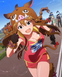Rule 34 | &gt;:d, 10s, 2girls, :d, aqua eyes, armpits, black gloves, braid, breasts, brown hair, fake tail, gloves, hair ribbon, idolmaster, idolmaster million live!, kousaka umi, long hair, million live card, multiple girls, name tag, official art, open mouth, playing sports, racing, relay race, ribbon, running, shimabara elena, side braid, smile, solo focus, playing sports, tail, tail ornament, tail ribbon, twin braids, v-shaped eyebrows