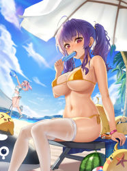 Rule 34 | 2girls, ahoge, arm support, azur lane, bare shoulders, beach, beach chair, beach towel, beach umbrella, beach volleyball, bikini, bird, black panties, blue sky, blush, breasts, bremerton (azur lane), bremerton (scorching-hot training) (azur lane), chick, cleavage, cloud, commentary, covered erect nipples, cowboy shot, crop top, crop top overhang, day, food, food in mouth, food on face, fruit, full body, green footwear, grey hair, groin, hair between eyes, hair ornament, highres, holding, holding food, inflatable toy, inflatable whale, jumping, k.pumpkin, large breasts, light rays, long hair, looking at viewer, lotion, manjuu (azur lane), midriff, mountainous horizon, multicolored hair, multiple girls, navel, official alternate costume, open mouth, outdoors, palm tree, panties, pink eyes, pink hair, pola (azur lane), pola (seaside coincidence) (azur lane), popsicle, popsicle in mouth, purple hair, red eyes, shadow, shirt, shoes, side-tie bikini bottom, sidelocks, sitting, skindentation, skirt, sky, sleeveless, sleeveless shirt, sneakers, solo focus, sportswear, starfish, streaked hair, sunbeam, sunlight, sunscreen, swimsuit, symbol-only commentary, teeth, tennis uniform, thighhighs, towel, tree, twintails, two-tone hair, two-tone shirt, two-tone skirt, umbrella, underwear, upper teeth only, upskirt, volleyball net, watermelon, wet legwear, white legwear, white shirt, white skirt, wristband, yellow bikini