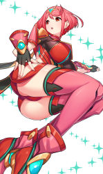 Rule 34 | 1girl, absurdres, ahoge, ass, breasts, cameltoe, fingerless gloves, gloves, green322, highres, jewelry, large breasts, pyra (xenoblade), red eyes, red hair, shiny clothes, shiny skin, short hair, short shorts, shorts, skindentation, solo, thighhighs, xenoblade chronicles (series), xenoblade chronicles 2