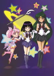 Rule 34 | 1990s (style), 3girls, :d, ;d, bishoujo senshi sailor moon, bishoujo senshi sailor moon s, bishoujo senshi sailor moon supers, black footwear, black hair, black neckwear, black skirt, boots, bow, brooch, brown bow, chibi usa, child, choker, cone hair bun, cross-laced footwear, dark-skinned female, dark skin, double bun, earrings, elbow gloves, full body, glaive (polearm), gloves, green hair, hair bun, hair ornament, hairpin, hand on own hip, height difference, hino ryutaro, hip focus, holding hands, jewelry, knee boots, lace-up boots, long hair, looking at viewer, magical girl, meiou setsuna, multicolored clothes, multicolored skirt, multiple girls, official art, one eye closed, open mouth, outer senshi, pink footwear, pink hair, pleated skirt, polearm, purple bow, purple eyes, purple footwear, purple skirt, red bow, red eyes, retro artstyle, ribbon, sailor chibi moon, sailor collar, sailor pluto, sailor saturn, sailor senshi, saturn (planet), short hair, silence glaive, single hair bun, skirt, smile, standing, star (symbol), star brooch, super sailor chibi moon, tiara, tomoe hotaru, twintails, weapon, white gloves, wink