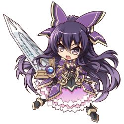 Rule 34 | 1girl, chibi, date a live, highres, holding, holding sword, holding weapon, kubotami, looking to the side, open hand, purple eyes, purple hair, solo, spirit, sword, transparent background, v-shaped eyebrows, weapon, white background, yatogami tooka