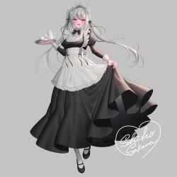 Rule 34 | 1girl, :d, absurdres, apron, black dress, black footwear, blush, breasts, commentary request, cup, dress, frilled apron, frills, grey background, grey hair, grey pantyhose, hair intakes, highres, holding, holding tray, juliet sleeves, long hair, long sleeves, looking at viewer, maid, medium breasts, open mouth, original, pantyhose, puffy sleeves, red eyes, sakura shiho, shoes, simple background, skirt hold, smile, solo, teacup, teapot, tray, twintails, very long hair, white apron
