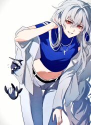 Rule 34 | 1girl, arknights, belt, black belt, blue shirt, breasts, chibi, commentary, cowboy shot, crop top, cross, cross necklace, grey hair, hair between eyes, hand on own head, hand on own leg, hand on own thigh, jacket, jewelry, leaning forward, long hair, looking at viewer, medium breasts, midriff, navel, necklace, open clothes, open jacket, pants, red eyes, sharp teeth, shirt, sidelocks, simple background, smile, solo, specter (arknights), standing, stomach, symbol-only commentary, teeth, very long hair, white background, white jacket, white pants, zuo daoxing