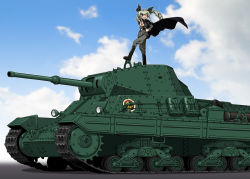 Rule 34 | 10s, 1girl, anchovy (girls und panzer), belt, boots, carro armato p40, caterpillar tracks, cloud, day, drill hair, emblem, food, girls und panzer, green hair, grey jacket, grey pants, grin, hand on own hip, jacket, knee boots, long hair, long sleeves, looking at viewer, military, military uniform, military vehicle, motor vehicle, necktie, on vehicle, oosaka kanagawa, outdoors, pants, pants tucked in, pizza, red eyes, sky, smile, solo, standing, tank, twin drills, twintails, uniform, v, vehicle