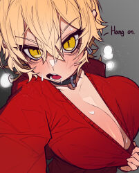Rule 34 | 1girl, absurdres, black choker, blonde hair, blush, borrowed character, breasts, choker, chris (ginseng), cleavage, cleavage reach, commentary, earrings, english commentary, english text, full-face blush, grey background, hair between eyes, highres, huge breasts, jewelry, looking at viewer, messy hair, no bra, open mouth, original, outstretched arm, pov, red sweater, short hair, slit pupils, solo, sweat, sweater, waa153, yellow eyes