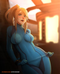 Rule 34 | 1girl, backlighting, blonde hair, blue bodysuit, blue eyes, blurry, blurry background, bodysuit, breasts, breasts apart, cowboy shot, cuffs, freckles, high ponytail, highres, impossible bodysuit, impossible clothes, indoors, leaning to the side, lips, long hair, long sleeves, looking at viewer, medium breasts, metroid, nintendo, open mouth, patreon username, ponytail, samus aran, sidelocks, sinner! (sillygirl), skin tight, smile, solo, swept bangs, teeth, thigh gap, turtleneck, upper teeth only, watermark, web address, zero suit