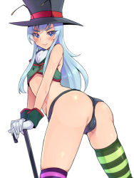 Rule 34 | 1girl, antennae, ass, bad id, bad pixiv id, bare shoulders, bent over, blue eyes, blue hair, blush, buttons, cane, cosplay, eyelashes, gloves, happinesscharge precure!, happy, hat, hosshiwa, looking at viewer, looking back, matching hair/eyes, mogiki hayami, namakeruda, namakeruda (cosplay), precure, simple background, smile, solo, standing, striped clothes, striped thighhighs, thighhighs, thighs, top hat, tsurime, vest, white background, white gloves, wrist cuffs
