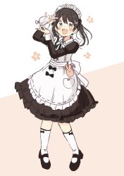 Rule 34 | 1girl, :d, apron, arm up, black dress, black footwear, black hair, blush, brown background, dress, floral background, food, food on face, frilled apron, frilled dress, frills, full body, grey eyes, hair between eyes, hair ornament, hand up, highres, holding, juliet sleeves, long hair, long sleeves, looking at viewer, maid, maid headdress, open mouth, original, pastry bag, puffy sleeves, sakura oriko, shoes, smile, socks, solo, twintails, two-tone background, white apron, white background, white socks, x hair ornament