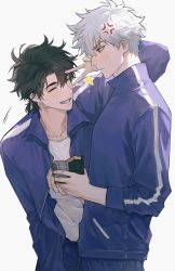 Rule 34 | 2boys, anger vein, black hair, blue jacket, blue pants, blush, camera, cheng xiaoshi, closed mouth, commentary, closed eyes, grin, highres, holding, holding camera, jacket, long sleeves, looking at another, lu guang, male focus, multiple boys, nino (nino84391425), open clothes, open jacket, pants, shiguang dailiren, shirt, short hair, simple background, smile, standing, star (symbol), track jacket, track pants, track suit, v, white background, white hair, white shirt