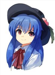 Rule 34 | 1girl, black headwear, blue hair, closed mouth, collared shirt, commentary request, cropped torso, happy, highres, hinanawi tenshi, leaf, long hair, looking at viewer, neck ribbon, peach hat ornament, plus2sf, puffy short sleeves, puffy sleeves, red eyes, red ribbon, ribbon, shirt, short sleeves, sidelocks, simple background, smile, solo, touhou, very long hair, white background, white shirt