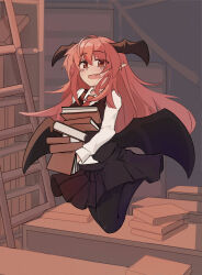 Rule 34 | 1girl, :3, :d, ahoge, bat wings, black pantyhose, black skirt, black vest, black wings, blush, book, book stack, bookshelf, breasts, collared shirt, desk, dress shirt, fang, hair between eyes, head wings, highres, holding, holding book, jumping, koakuma, ladder, long hair, looking at viewer, low wings, medium breasts, messy hair, necktie, open mouth, pantyhose, pointy ears, red eyes, red hair, red necktie, shirt, sidelocks, skirt, skirt set, smile, solo, split mouth, tears, touhou, very long hair, vest, white shirt, wings, yige chizi