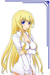 Rule 34 | 10s, 1girl, blonde hair, blue eyes, blush, bottomless, breast hold, breasts, cecilia alcott, cleavage, dress shirt, infinite stratos, kuon (nokokopopo), large breasts, long hair, long sleeves, naked shirt, shirt, smile, solo