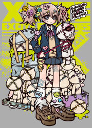 Rule 34 | 1girl, absurdres, decora, drum (container), english text, graffiti, gyaru, highres, holding, holding leash, kogal, leash, looking at viewer, original, project.c.k., punk, ranguage, school, stitches, stuffed toy, suitcase, tattoo, twintails