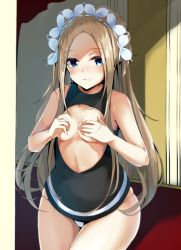 Rule 34 | 1girl, abigail williams (fate), bare arms, bare shoulders, black shirt, blonde hair, blue eyes, blush, breasts, character cutout, commentary, covering privates, covering breasts, cucchiore, fate/grand order, fate (series), hair ornament, long hair, looking at viewer, official alternate costume, parted bangs, shirt, small breasts, smile, solo