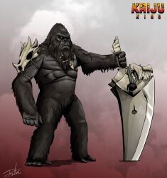 Rule 34 | absurdres, animal focus, animal skull, ape, armor, artist name, beard, bone armor, bone weapon, commentary, facial hair, giant, giant monster, gugenheim98, highres, holding, holding weapon, kaijuu, king kong, king kong (series), long beard, no humans, one-eyed, orange eyes, pauldrons, plant, planted, planted sword, planted weapon, redesign, scar, scar across eye, shoulder armor, simple background, single pauldron, solo, sword, vines, weapon