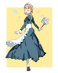 Rule 34 | 1girl, annette fantine dominic, closed eyes, fire emblem, fire emblem: three houses, full body, graysheartart, long sleeves, maid, maid headdress, musical note, nintendo, open mouth, orange hair, simple background, solo, twintails, twitter username, white legwear, yellow background