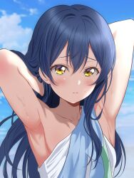 Rule 34 | 1girl, armpits, arms behind head, between breasts, blue hair, blue sky, blurry, blurry background, borgbutler, breasts, closed mouth, cloud, collarbone, commentary request, hands in hair, highres, long hair, looking at viewer, love live!, love live! school idol project, outdoors, sky, small breasts, solo, sonoda umi, sweat, upper body, yellow eyes