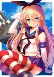 1girl absurdres anchor anchor_hair_ornament black_hairband black_panties blonde_hair blue_eyes cowboy_shot crop_top elbow_gloves gloves hair_ornament hairband highleg highleg_panties highres kantai_collection long_hair microskirt miniskirt o-sirius panties rensouhou-kun sailor_collar school_uniform serafuku shimakaze_(kancolle) skirt striped_clothes striped_thighhighs thighhighs underwear white_gloves