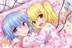 Rule 34 | 2girls, bad id, bad twitter id, bed sheet, blonde hair, blue hair, blush, fang, flandre scarlet, gin&#039;you haru, inactive account, multiple girls, pajamas, red eyes, remilia scarlet, smile, touhou, under covers, wings