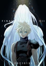 Rule 34 | 2boys, armor, asymmetrical bangs, back-to-back, belt, black background, black jacket, blonde hair, blue eyes, blue shirt, cloud strife, ery aizawa, final fantasy, final fantasy vii, final fantasy vii remake, height difference, highres, jacket, long hair, multiple boys, muscular, muscular male, parted bangs, sephiroth, shirt, shoulder armor, silver hair, sleeveless, sleeveless turtleneck, spiked hair, square enix, straight hair, suspenders, turtleneck, wavy hair