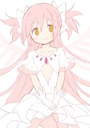 Rule 34 | 1girl, blush, choker, commentary request, dress, eyes visible through hair, flat chest, frilled dress, frilled skirt, frilled sleeves, frills, gloves, hair between eyes, hair ribbon, hands on lap, happy, highres, kaname madoka, light particles, long dress, long hair, looking at viewer, mahou shoujo madoka magica, mahou shoujo madoka magica (anime), pink hair, pink theme, pink thighhighs, ribbon, short twintails, simple background, sitting, skirt, smile, solo, soul gem, thighhighs, tsubaki (tatajd), twintails, two side up, ultimate madoka, very long hair, white background, white choker, white dress, white gloves, white neckwear, white ribbon, white theme, wide sleeves, wings, yellow eyes