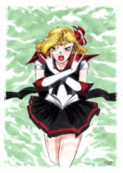Rule 34 | 1girl, angry, bishoujo senshi sailor moon, black skirt, blonde hair, bow, brooch, circlet, crossed arms, elbow gloves, gloves, greyscale, hair bow, hair ribbon, highres, jewelry, leotard, looking at viewer, monochrome, open mouth, pleated skirt, red eyes, ribbon, rumia, rumiak, sailor collar, sailor moon, sailor senshi uniform, short hair, skirt, touhou, traditional media, white gloves, white leotard