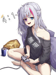 Rule 34 | 1girl, absurdres, bag of chips, bags under eyes, black shirt, blue eyes, can, clothes writing, controller, crown, enin, feet, game controller, girls&#039; frontline, girls&#039; frontline neural cloud, highres, long hair, looking at viewer, mdr (girls&#039; frontline), multicolored eyes, multicolored hair, no legwear, pillow, pink eyes, pink hair, score, shirt, simple background, sitting, strapless, strapless shirt, sweat, thighs, white background, white hair