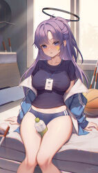 Rule 34 | 1girl, artist name, ball, baseball, basketball (object), black shirt, blue archive, blue buruma, blue jacket, blush, bottle, breasts, buruma, collarbone, commentary, facial mark, halo, hayate (leaf98k), highres, id card, indoors, jacket, lanyard, large breasts, long hair, long sleeves, looking at viewer, mechanical halo, official alternate costume, official alternate hairstyle, open clothes, open jacket, open mouth, purple eyes, purple hair, shirt, signature, sitting, solo, star (symbol), water bottle, window, yuuka (blue archive), yuuka (track) (blue archive)