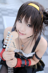 Rule 34 | 1girl, asian, belt, breasts, cleavage, cosplay, cosplay photo, elbow gloves, electric guitar, fender stratocaster, fishnet legwear, fishnets, gloves, guitar, hairband, instrument, kipi-san, looking at viewer, midriff, photo (medium), real life, small breasts, solo, suzumiya haruhi, suzumiya haruhi (cosplay), suzumiya haruhi no yuuutsu