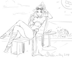 Rule 34 | &gt; &lt;, 1boy, 1girl, asphyxiation, bikini, bracelet, breasts, choker, cleavage, cross-laced sandals, drink, drowning, eu03, closed eyes, eyewear on head, greyscale, handheld game console, jewelry, kid icarus, kid icarus uprising, large breasts, crossed legs, long hair, monochrome, navel, necklace, nintendo, nintendo ds lite, palutena, pit (kid icarus), sarong, sitting, sketch, sunglasses, swimsuit