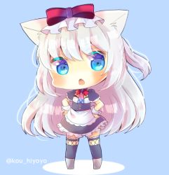 Rule 34 | 1girl, american flag, american flag print, animal ear fluff, animal ears, apron, azur lane, black dress, black thighhighs, blue background, blush, bow, cat ears, chibi, commentary request, dress, flag print, frilled dress, frills, full body, grey thighhighs, hammann (azur lane), hands on own hips, kou hiyoyo, long hair, looking at viewer, one side up, open mouth, print neckwear, puffy short sleeves, puffy sleeves, red bow, short sleeves, silver hair, solo, standing, thighhighs, twitter username, very long hair, waist apron, white apron, wrist cuffs