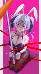 Rule 34 | 1girl, 1other, absurdres, animal ears, bare shoulders, black leotard, black pantyhose, black ribbon, blue eyes, blue hair, blurry, blurry foreground, blush, bound, bow, bowtie, breasts, carrot, cleavage, clenched hands, clothing cutout, collarbone, cuffs, cutout above navel, detached sleeves, drooling, fake animal ears, from above, hair intakes, hair ornament, hair ribbon, hairband, handcuffs, hatsune miku, heart, heart-shaped pupils, heart cutout, heart hair ornament, highres, kneeling, large breasts, leotard, long hair, looking at viewer, looking up, motion lines, multicolored hair, necktie, open mouth, pantyhose, pink background, pink bow, pink bowtie, pink hair, pink necktie, pink pupils, playboy bunny, pole, rabbit ears, rabbit hole (vocaloid), red ribbon, restrained, ribbon, shadow, spaghetti strap, streaked hair, stripper pole, symbol-shaped pupils, teardrop facial mark, tied up (nonsexual), toes, trembling, twintails, two-tone hair, vocaloid, white hairband, x hair ornament, yoonge a