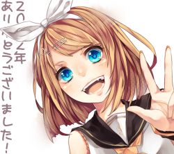 Rule 34 | 1girl, blonde hair, blue eyes, highres, kagamine rin, open mouth, sasakichi (ssk chi), short hair, simple background, smile, solo, translation request, vocaloid, white background
