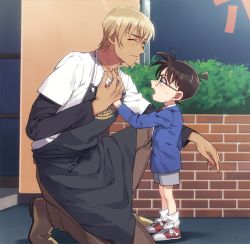 2boys, ^ ^, amuro tooru, apron, bangs, black-framed eyewear, black apron, black shirt, blazer, blonde hair, blue eyes, blue jacket, bow, bowtie, brown footwear, brown hair, brown pants, child, closed eyes, closed mouth, collared shirt, commentary request, edogawa conan, employee uniform, eyes closed, facing another, from side, full body, glasses, grey shorts, hair between eyes, hand up, height difference, jacket, k (gear labo), long sleeves, looking at another, male focus, meitantei conan, multiple boys, one knee, open mouth, outdoors, pants, plant, red bow, red footwear, red neckwear, shadow, shirt, shoes, short hair, short over long sleeves, short sleeves, shorts, smile, sneakers, socks, standing, sweatdrop, uniform, white legwear, white shirt