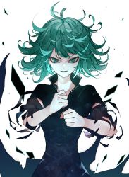 Rule 34 | 1girl, black dress, curly hair, dress, female focus, flipped hair, green eyes, green hair, high collar, highres, ikurauni, looking at viewer, messy hair, one-punch man, open mouth, serious, short hair, simple background, smirk, solo, tatsumaki, torn clothes, torn sleeves, white background