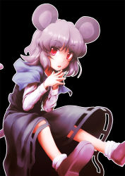 Rule 34 | 1girl, animal ears, black background, capelet, dress, female focus, grey dress, grey hair, ikamagu, ikmg, looking at viewer, mouse (animal), mouse ears, mouse tail, nazrin, open mouth, red eyes, shirt, short hair, simple background, sitting, solo, steepled fingers, tail, touhou