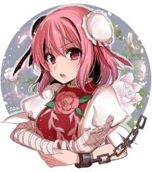 Rule 34 | 1girl, asa (coco), bandaged arm, bandages, bun cover, chain, chinese clothes, cuffs, double bun, fighting stance, flower, hair between eyes, hair bun, ibaraki kasen, open mouth, outside border, pink eyes, pink flower, pink hair, pink rose, puffy short sleeves, puffy sleeves, rose, round image, shackles, short hair, short sleeves, solo, tabard, touhou, upper body
