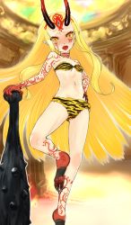 Rule 34 | 1girl, bikini, blonde hair, blush, claws, club (weapon), fate/grand order, fate (series), feet, hand on own hip, horns, ibaraki douji (fate), indoors, leg up, legs, long hair, looking at viewer, monster girl, navel, oni, open mouth, slit pupils, standing, swimsuit, tagme, tattoo, thighs, toenails, toes, weapon, yellow eyes
