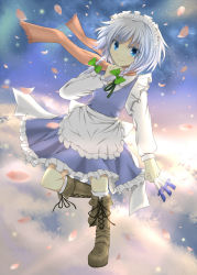 Rule 34 | 1girl, blue eyes, boots, bow, braid, bunchou (bunchou3103), cross-laced footwear, female focus, hair bow, highres, izayoi sakuya, knife, lace-up boots, light smile, maid, maid headdress, perfect cherry blossom, scarf, short hair, silver hair, solo, touhou, twin braids